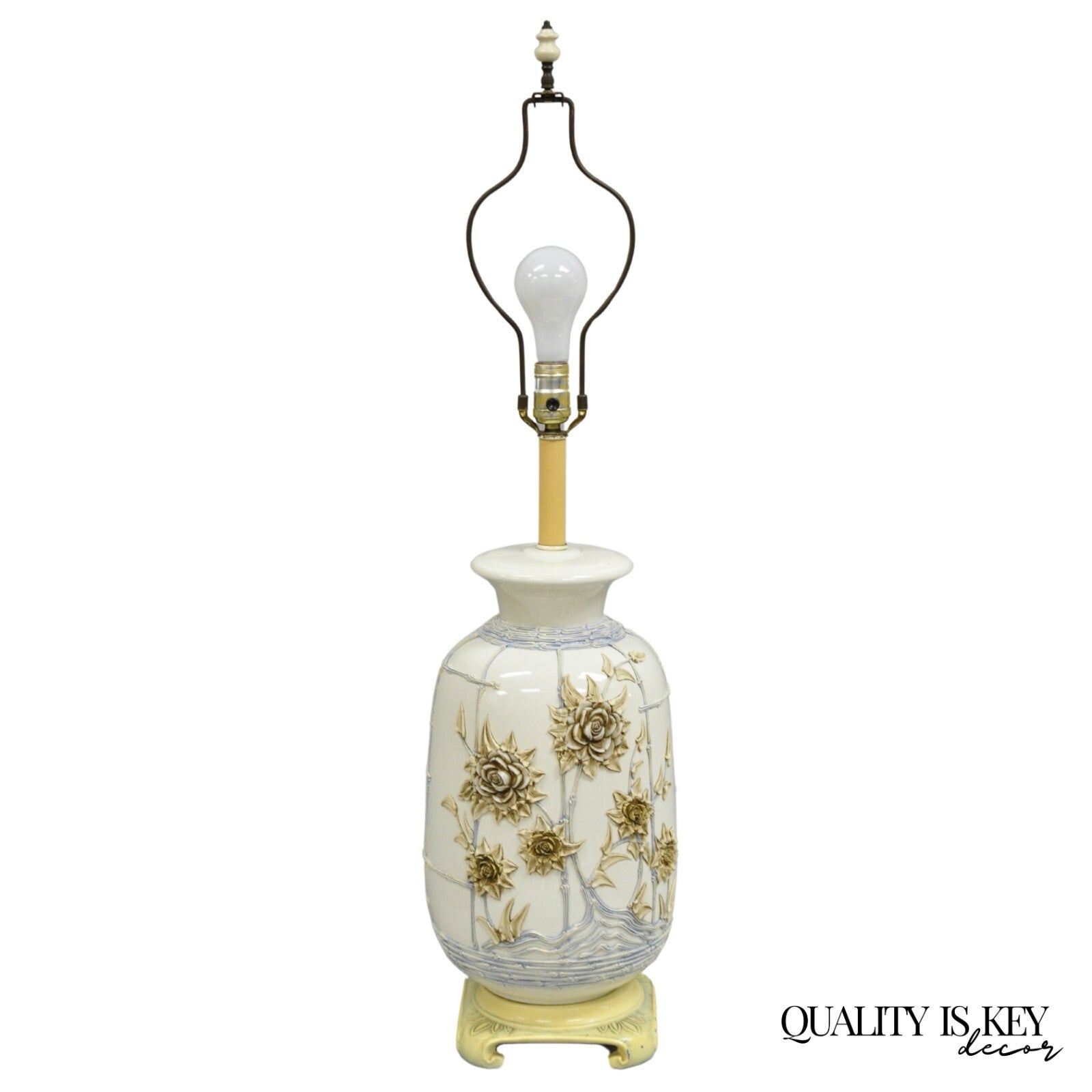 Vintage Chinoiserie White Porcelain Jardinere Table Lamp w/ Applied Flowers