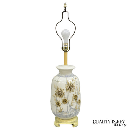 Vintage Chinoiserie White Porcelain Jardinere Table Lamp w/ Applied Flowers