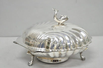 Vintage Eaton Silver Co Regency Silver Plated Clam Shell Warmer w Dolphin Handle
