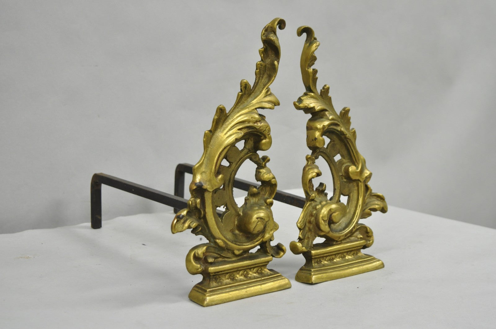 Vintage French Rococo Style Small Brass Bronze Acanthus Leaf Andirons - a Pair