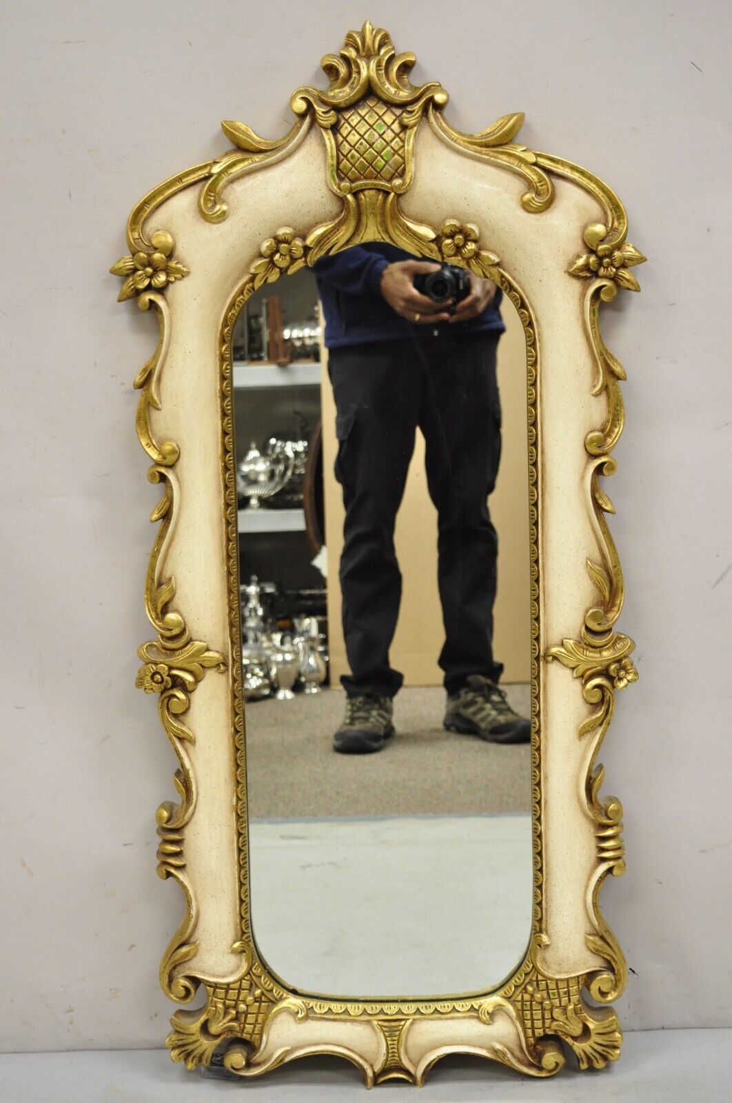 Vintage Italian Venetian Cream and Gold Painted Floral Rococo Wall Mirror