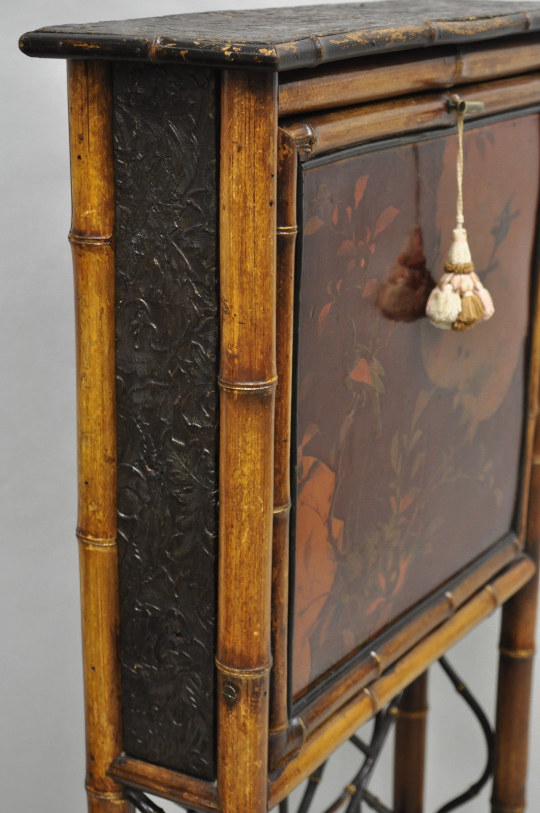 Antique English Victorian Bamboo Chinoiserie Compact Fall Front Secretary Desk