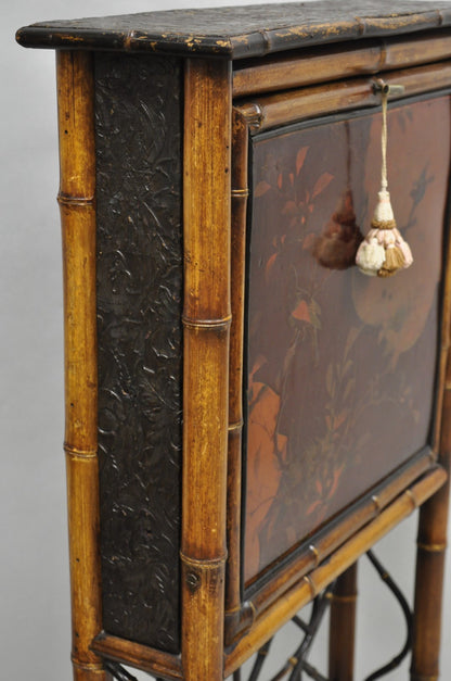 Antique English Victorian Bamboo Chinoiserie Compact Fall Front Secretary Desk