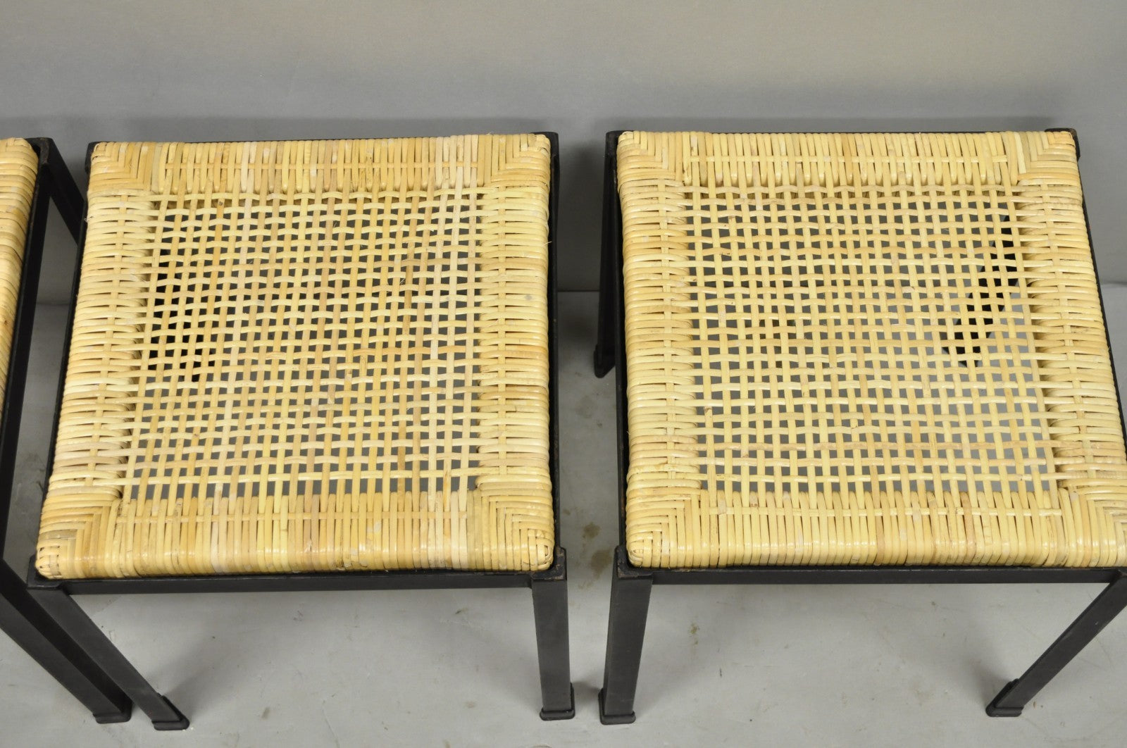 Mid Century Modern Danny Ho Fong Tropi-Cal Iron Cane Side Table Stool - Set of 4