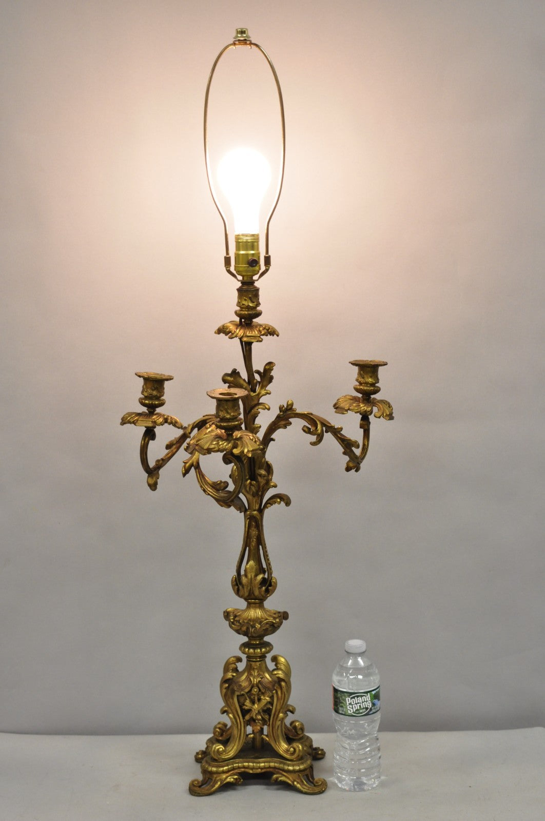 Antique French Rococo Baroque Gold Bronze Leafy Scroll Candelabra Table Lamp