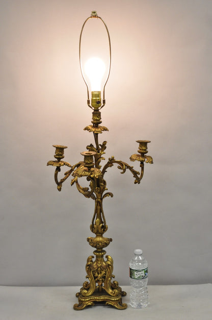 Antique French Rococo Baroque Gold Bronze Leafy Scroll Candelabra Table Lamp