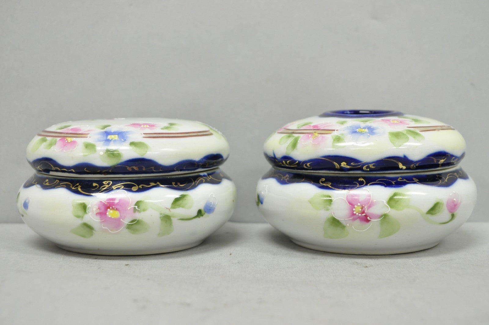 Victorian Japanese Hand Painted Porcelain Cobalt Blue Hair Receiver & Powder Jar