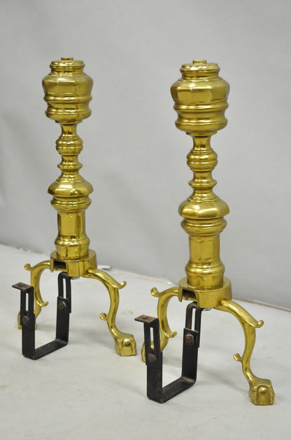 Vintage Federal Style Brass Branch Foot Gold Fireplace Andirons - a Pair