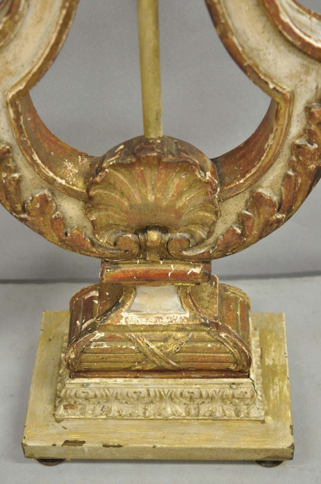 Italian Neoclassical Cream & Gold Gilt Carved Wood Harp Column Table Lamp - Pair