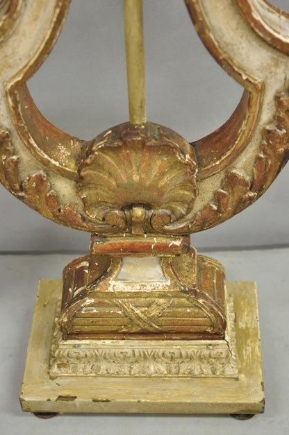Italian Neoclassical Cream & Gold Gilt Carved Wood Harp Column Table Lamp - Pair