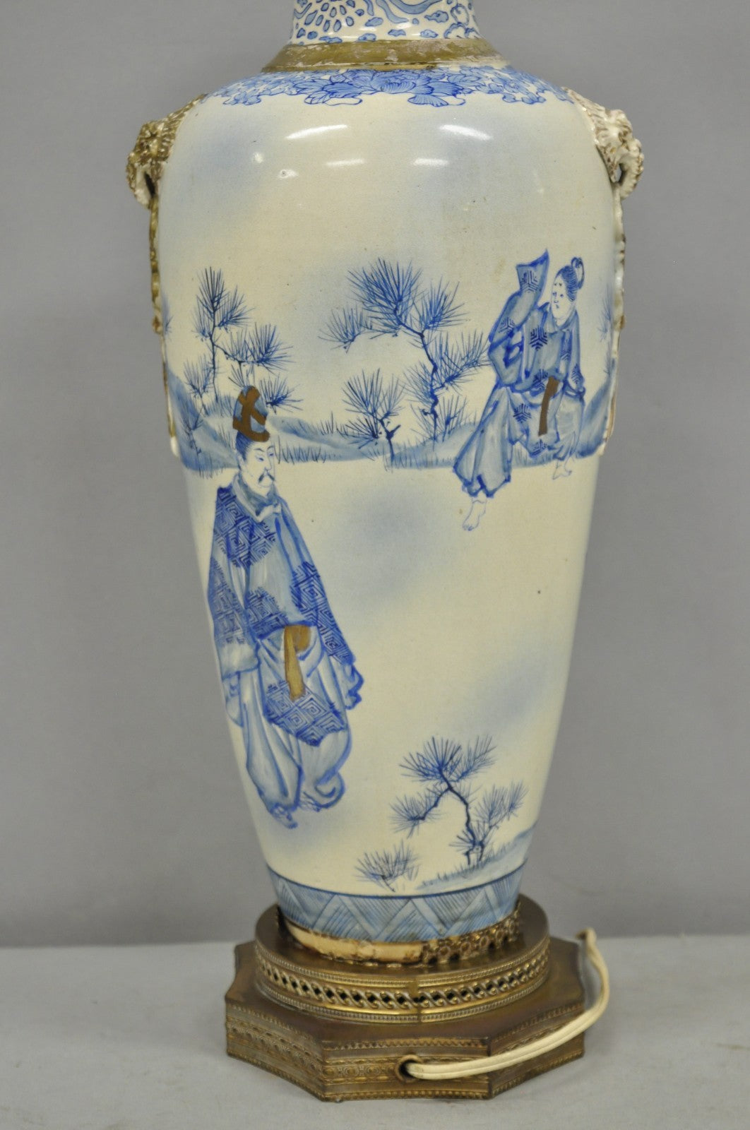 Vintage Japanese Blue White Porcelain Jardinierie Vase Chinoiserie Table Lamp