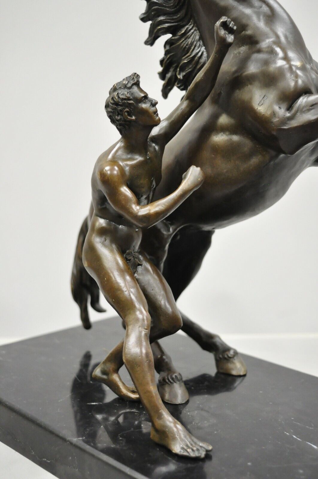 Pair of Bronze and Marble Marly Horse and Tamer Sculpture Statues After Coustou