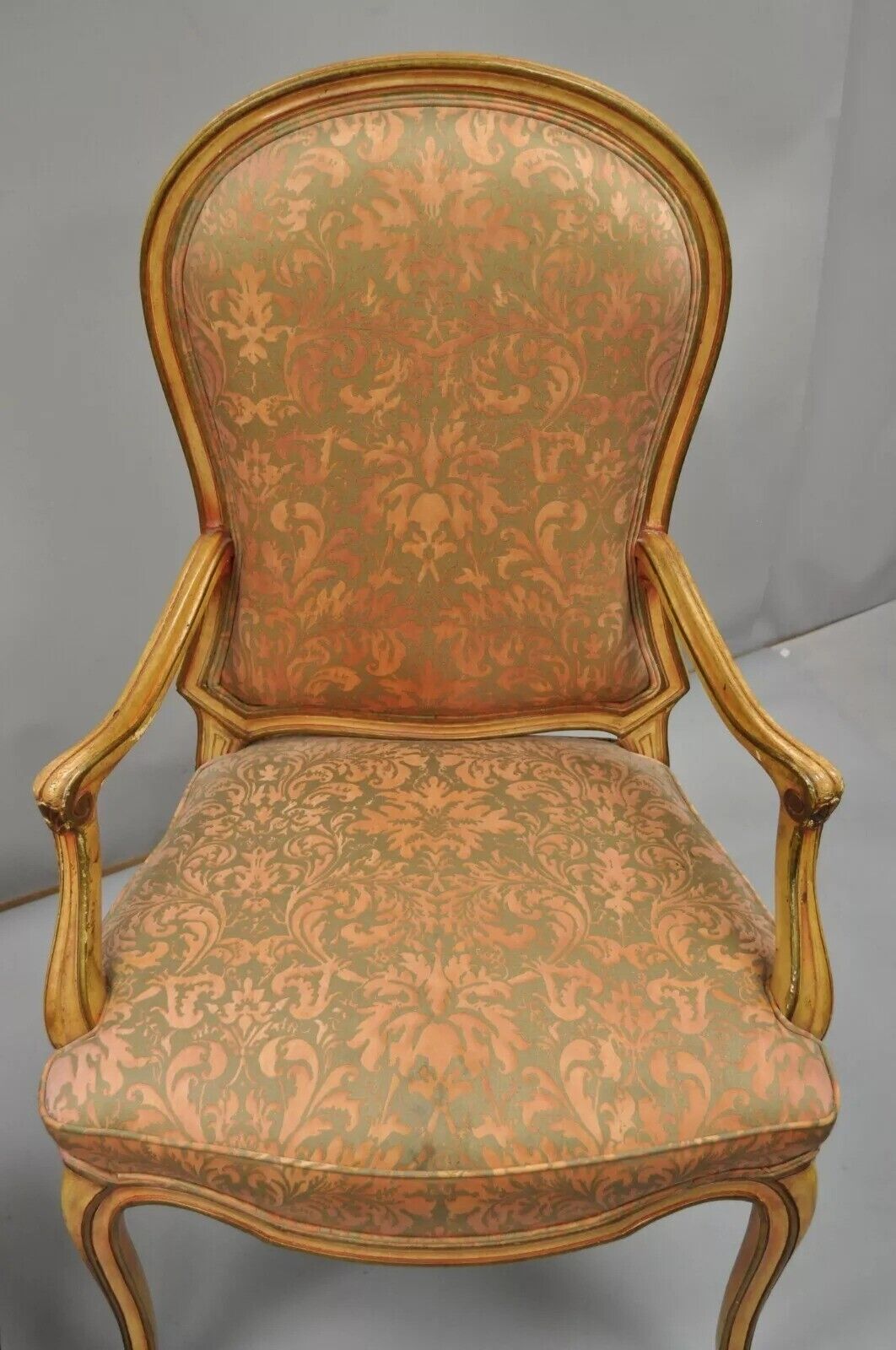 Italian Provincial French Hollywood Regency Upholstered Dining Arm Chairs - Pair