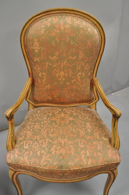 Italian Provincial French Hollywood Regency Upholstered Dining Arm Chairs - Pair