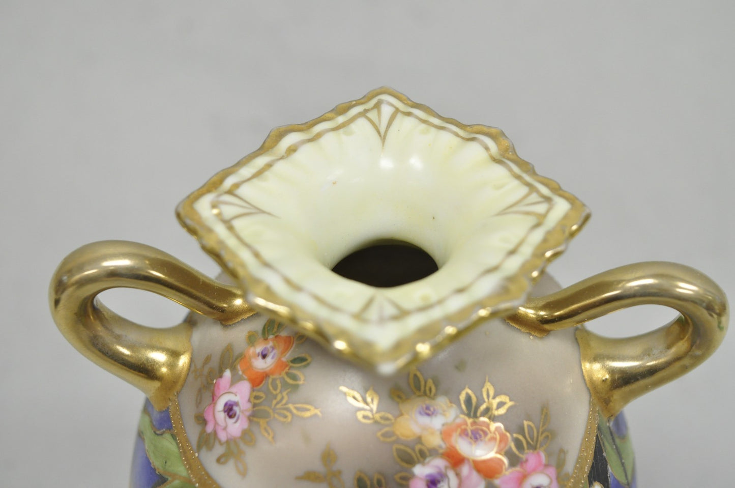Antique Nippon Moriage Hand Painted Porcelain Purple Iris & Gold Gilt Vase Pair
