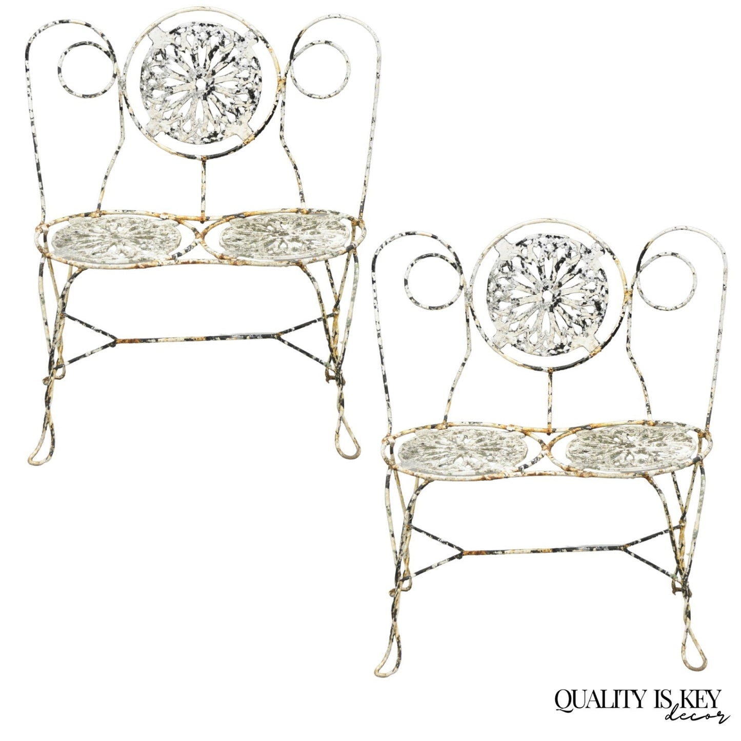 Antique Victorian French Wrought Iron Small Garden Patio Bench Plant Seat, Pair