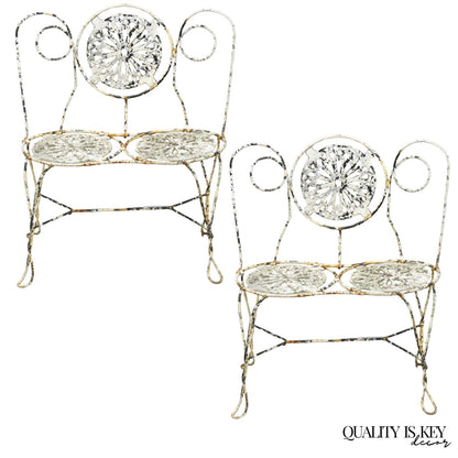 Antique Victorian French Wrought Iron Small Garden Patio Bench Plant Seat, Pair