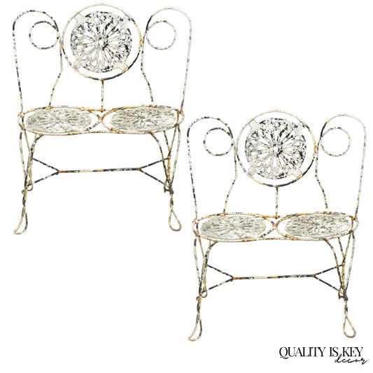 Antique Victorian French Wrought Iron Small Garden Patio Bench Plant Seat, Pair