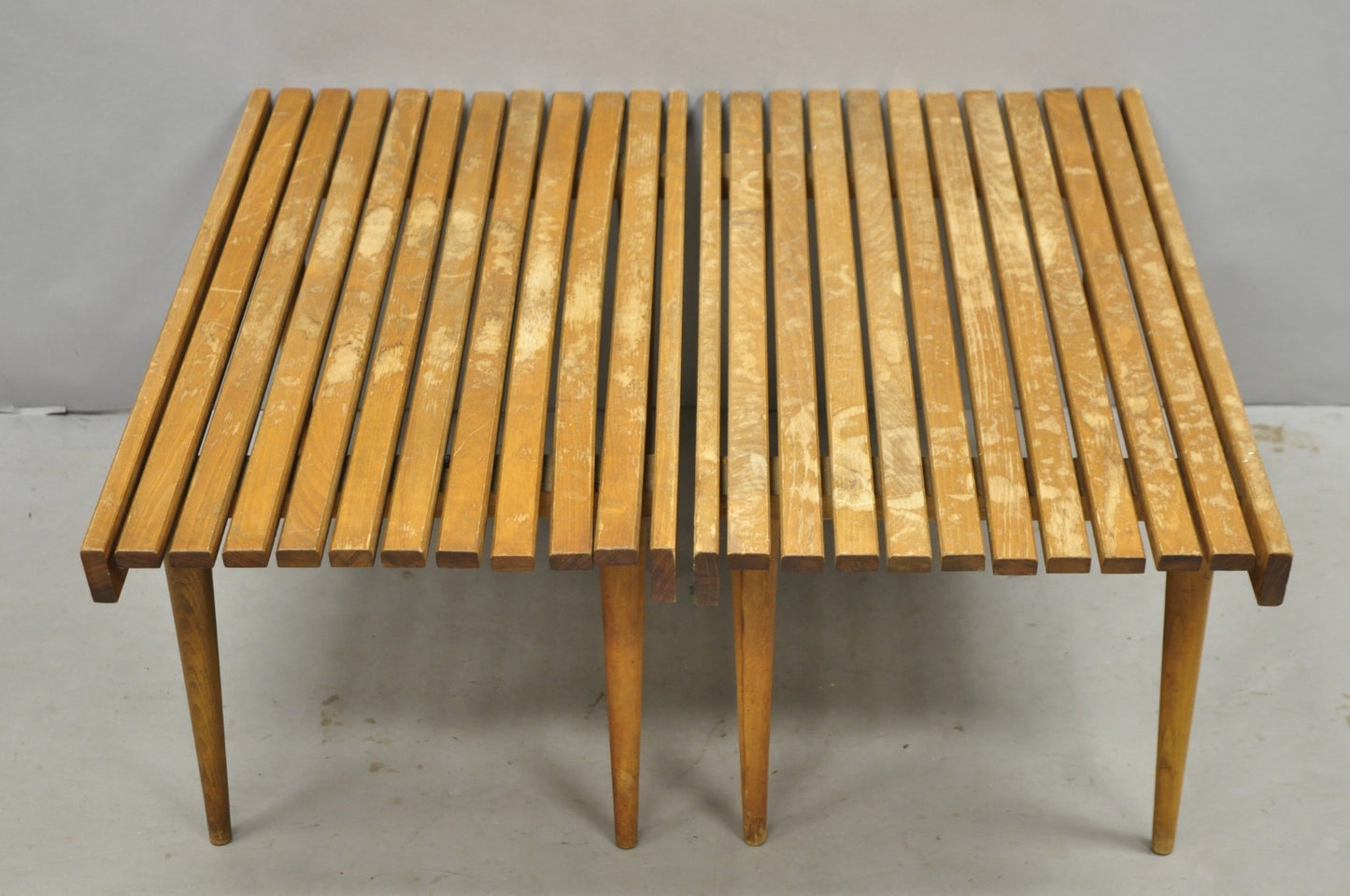 Vintage Mid Century Modern 36" Wood Slat Bench Coffee Table Side Table - a Pair