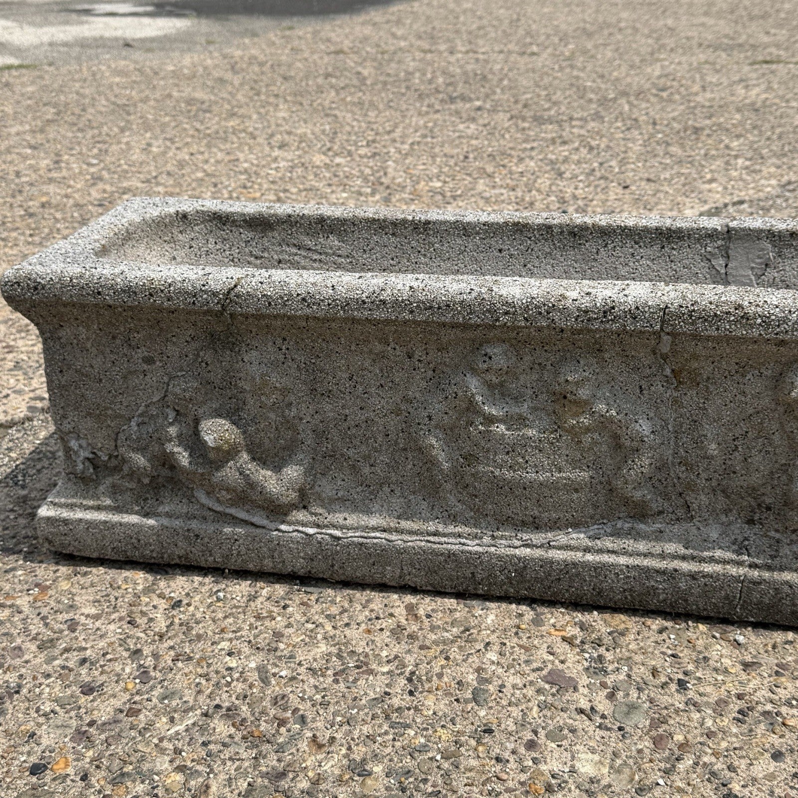 Vintage Neoclassical Style Concrete Cherub 36" Long Garden Planter Pots - a Pair