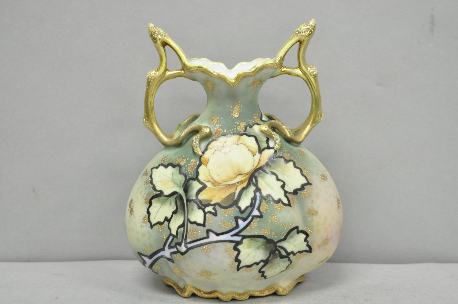 Antique Nippon Hand Painted Porcelain Twin Branch Handle Yellow Rose Small Vase