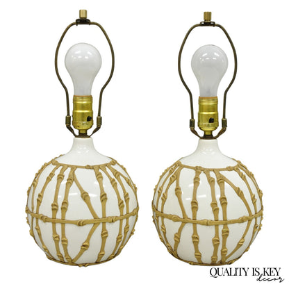 Vintage Hollywood Regency Small Bulbous Ceramic Faux Bamboo Table Lamps - a Pair