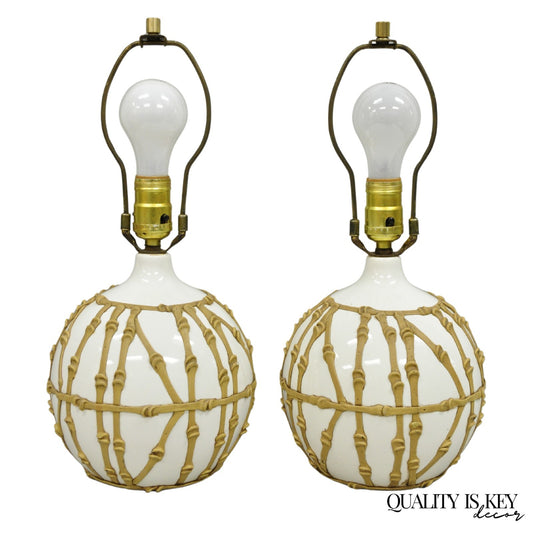 Vintage Hollywood Regency Small Bulbous Ceramic Faux Bamboo Table Lamps - a Pair