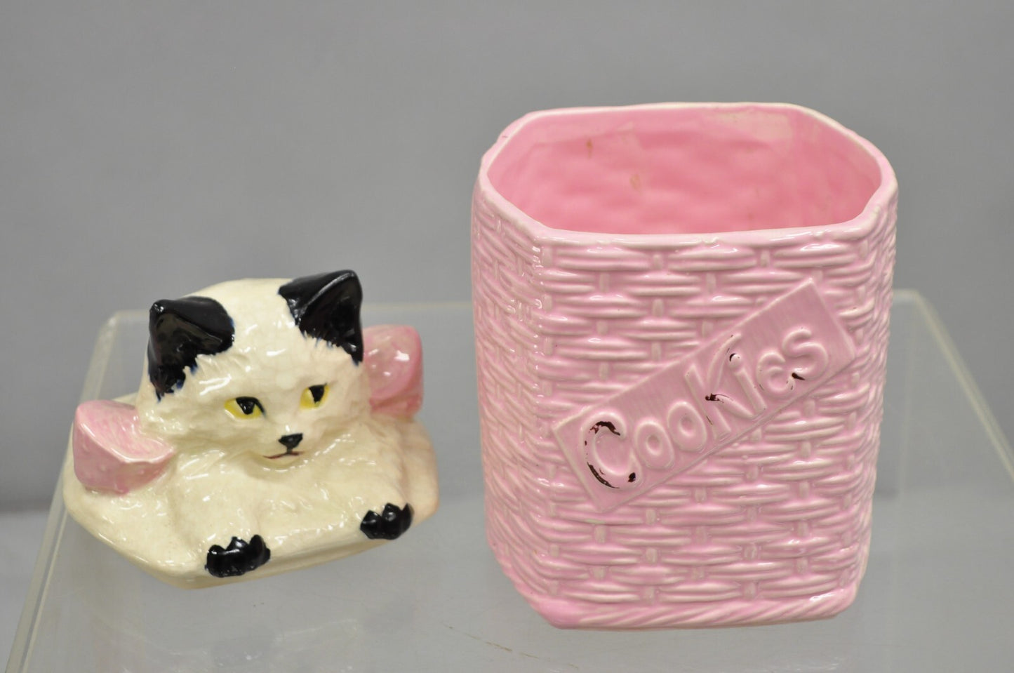Vintage McCoy Pottery White and Black Cat Kitten Kitty in Pink Basket Cookie Jar
