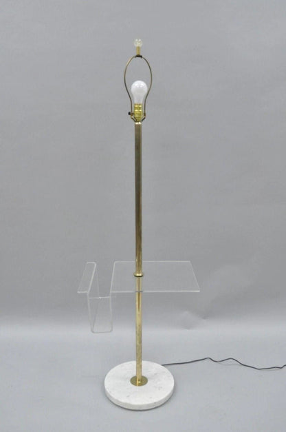 Vintage Mid Century Modern Brass Lucite Marble Floor Lamp w Magazine Table Rack