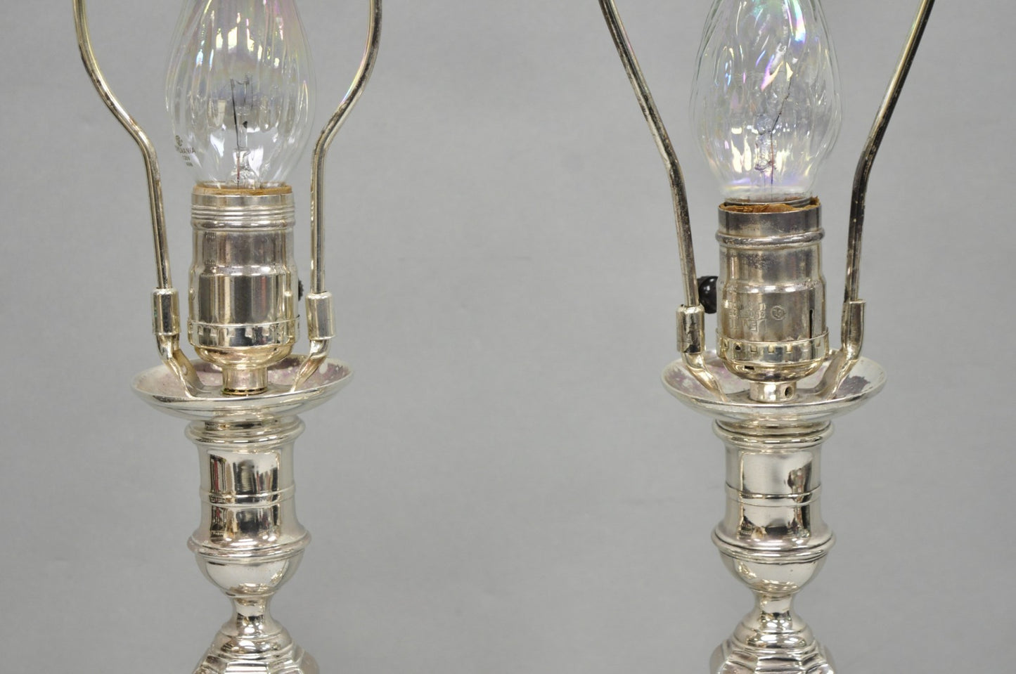 Antique English Regency Silver Plated Footed Candlestick Table Lamps - a Pair
