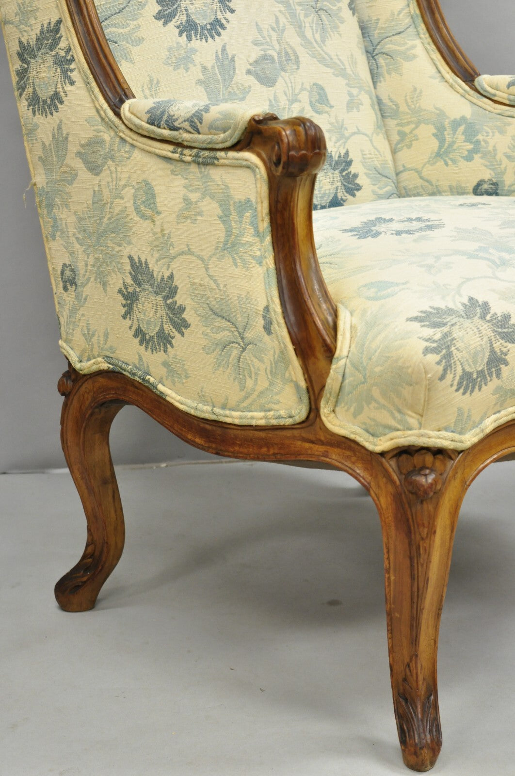 Antique French Country Provincial Carved Walnut Wingback Lounge Chairs Pair
