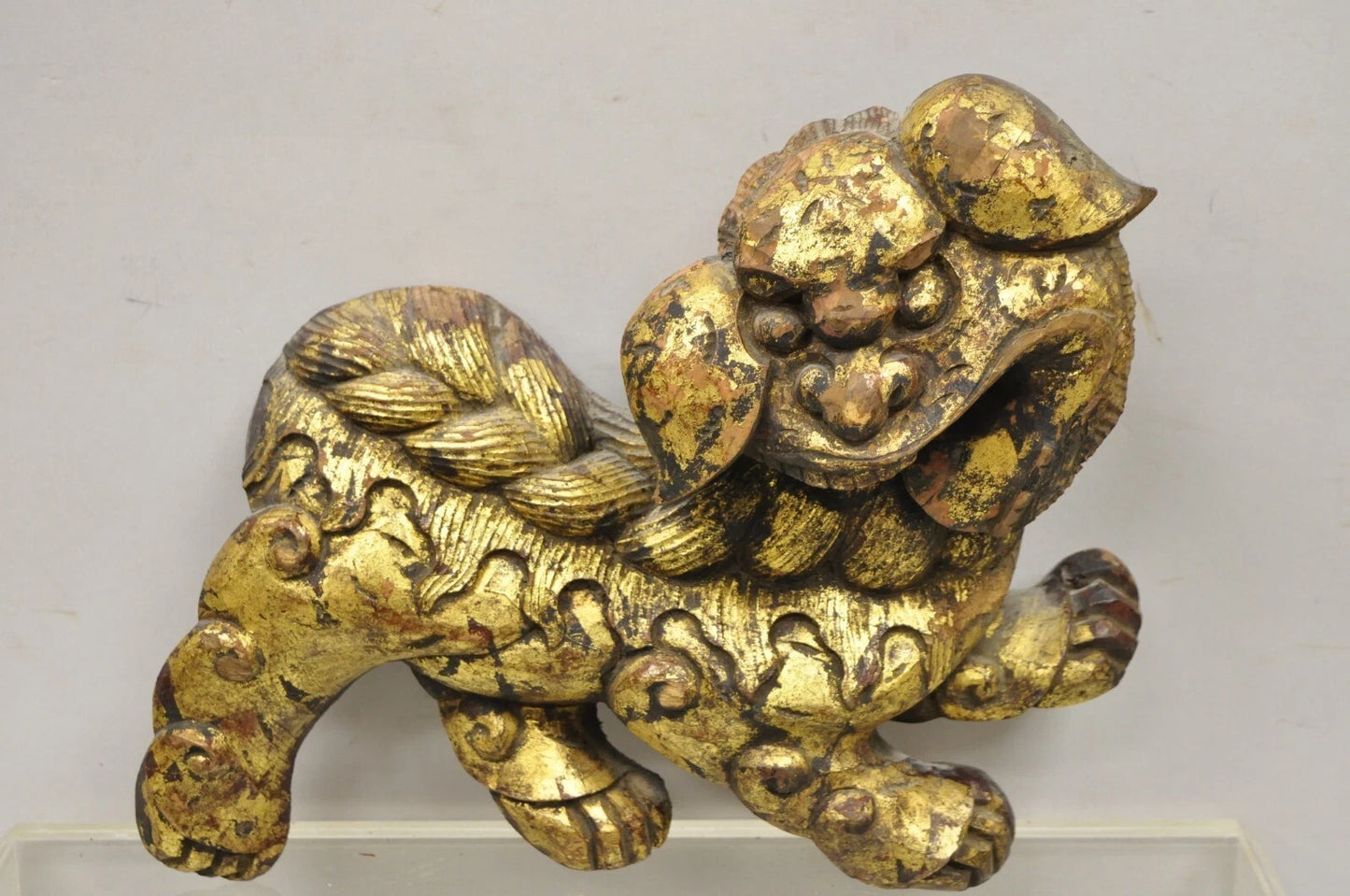 Vintage Chinoiserie Carved Wood Gold Gilt 12" Chinese Foo Dog Figures - a Pair