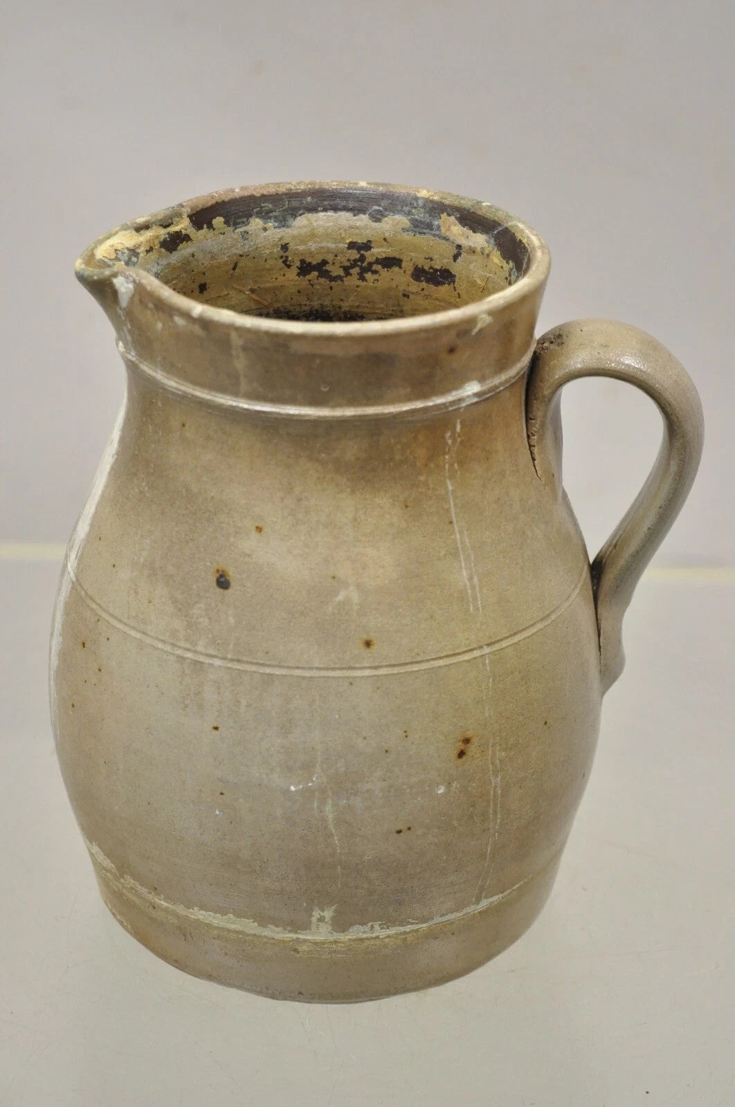Antique Primitive Stoneware Salt Glazed 8" Bulbous Water Pitcher with Handle