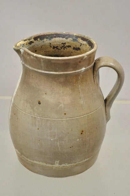 Antique Primitive Stoneware Salt Glazed 8" Bulbous Water Pitcher with Handle