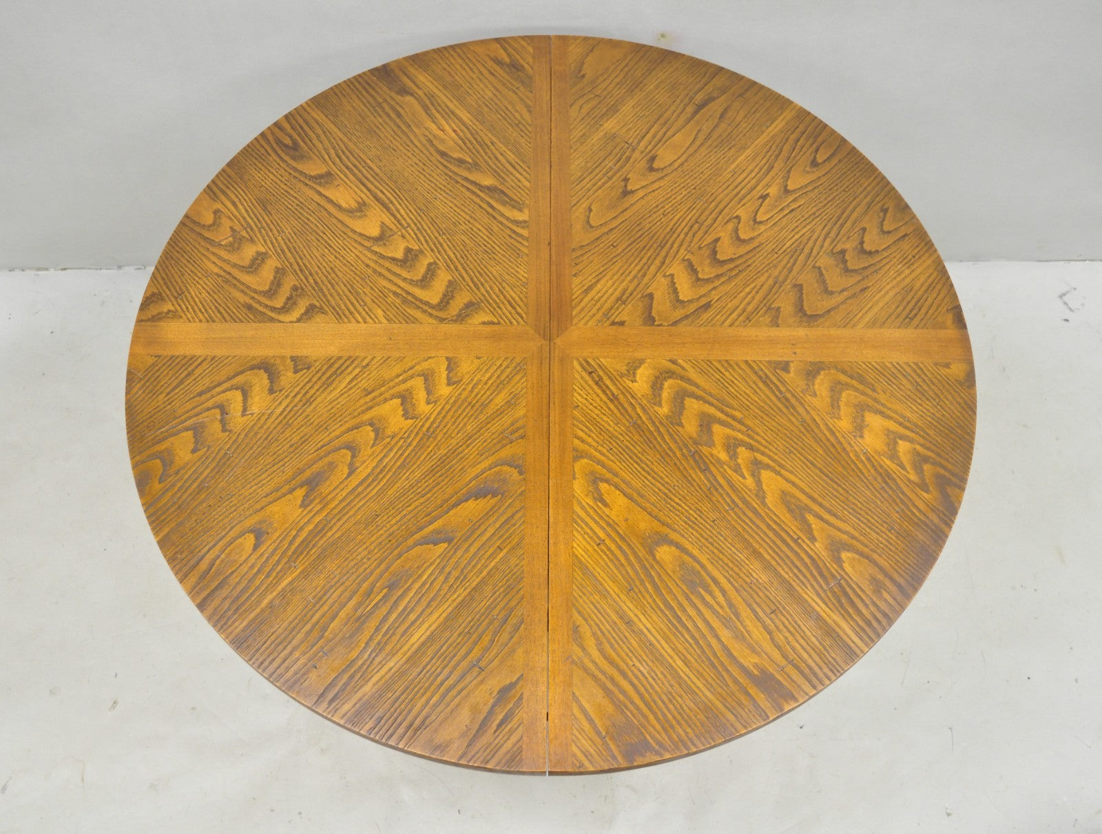 Vintage Mid Century Modern Oak Sunburst Round Extension Pedestal Dining Table