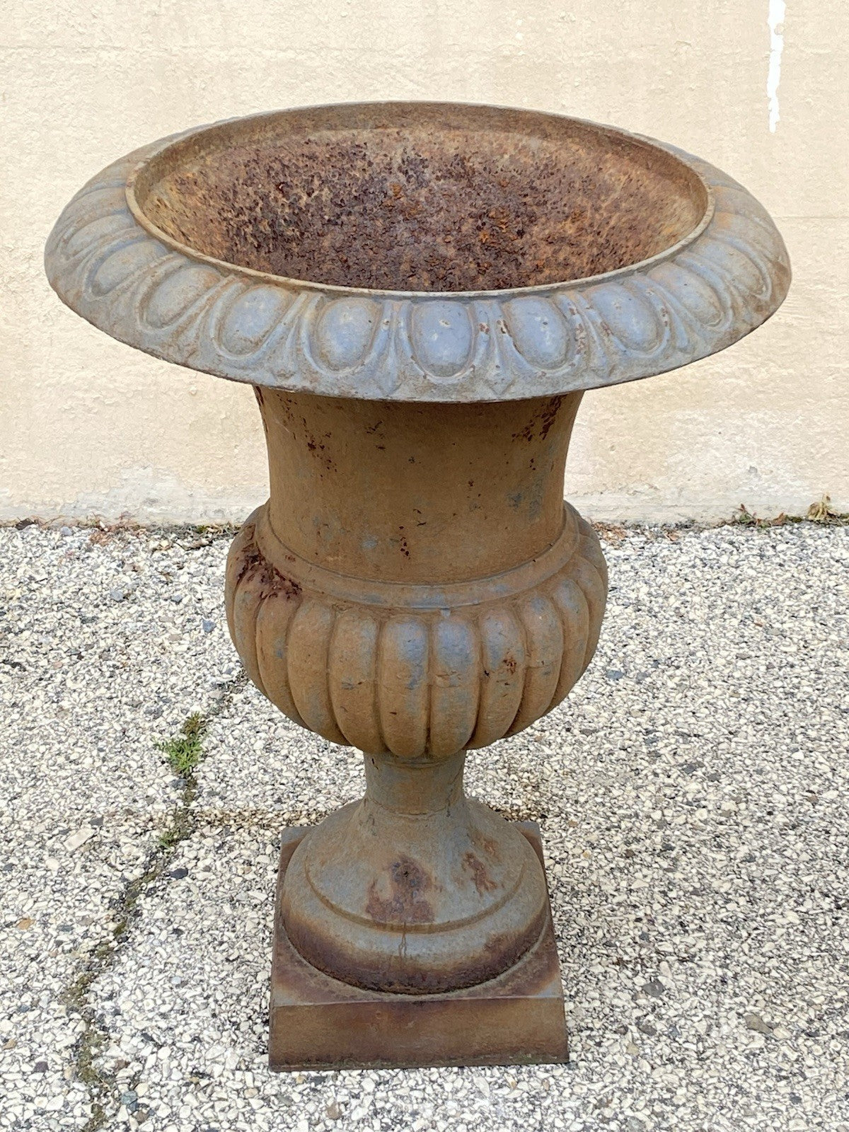 Vintage French Empire Style Large 30" Cast Iron Urn Form Garden Planters - Pair