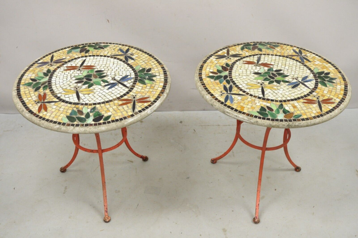 Dragonfly Mosaic Tile Round Stone Top Iron Base Patio Side Tables - a Pair