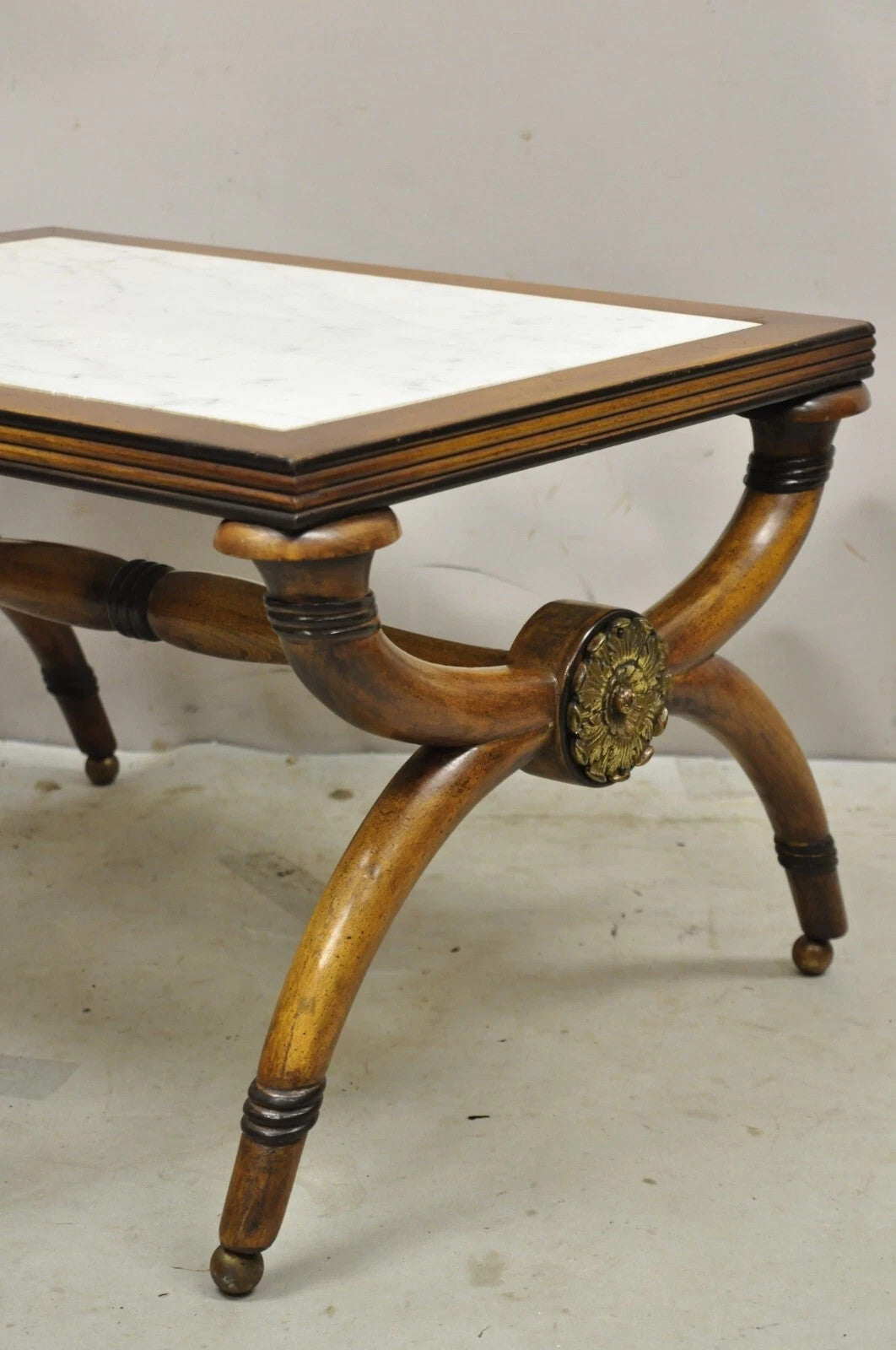 Vintage Italian Neoclassical Low Marble Top Curule X-Frame Accent Side Table