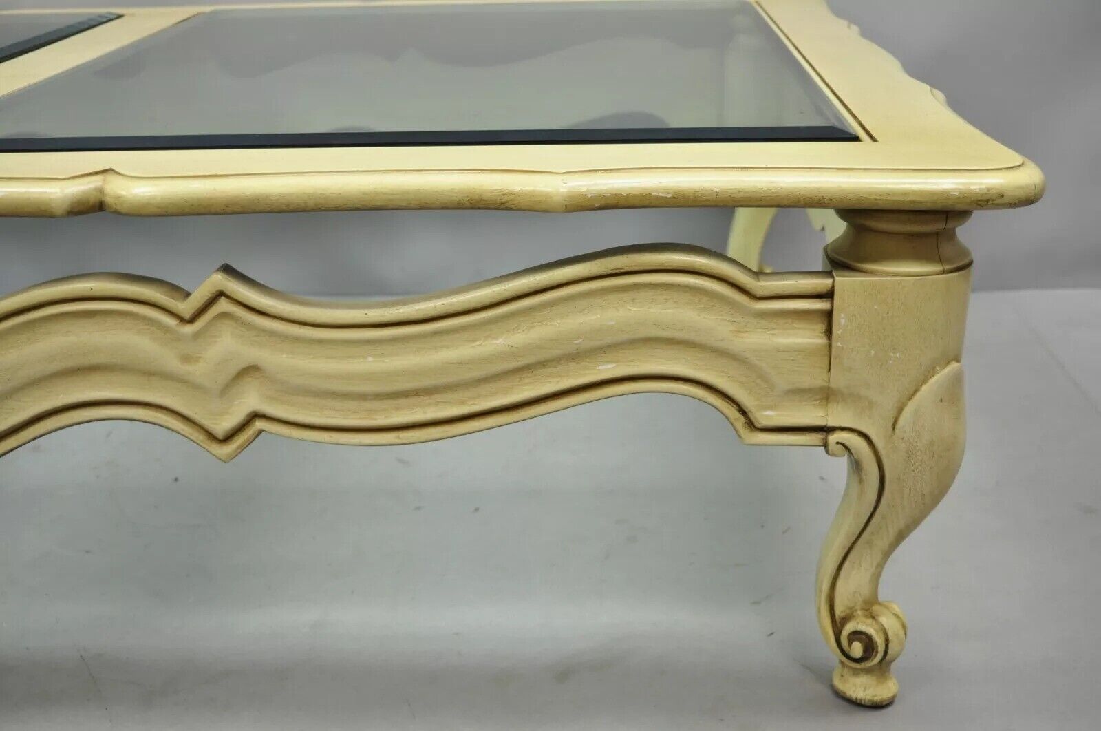 Vintage French Provincial Style Beveled Glass Cream Painted Large Coffee Table