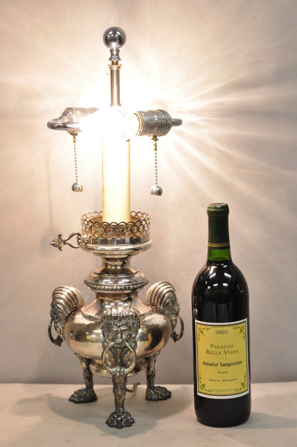 Antique English Regency Silver Plated Converted Oil Lamp Lion Mounted Table Lamp