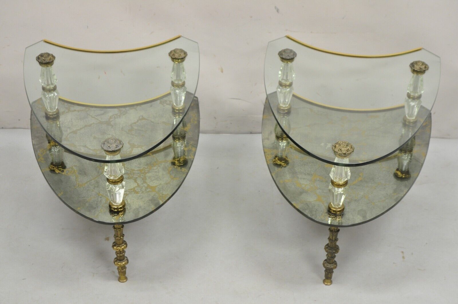 Vintage Hollywood Regency Two Tier Italian Églomisé Glass Side Tables - a Pair