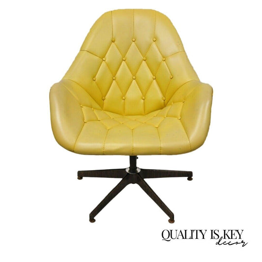Mid Century Modern Yellow Tufted Naugahyde Swivel Butterfly Club Lounge Chair 