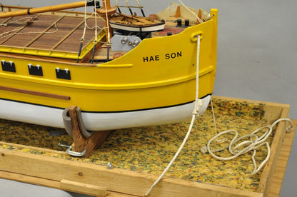 Large 48" Vintage Wooden Fishing Vessel Model Ship Yellow Hull South Korean Flag