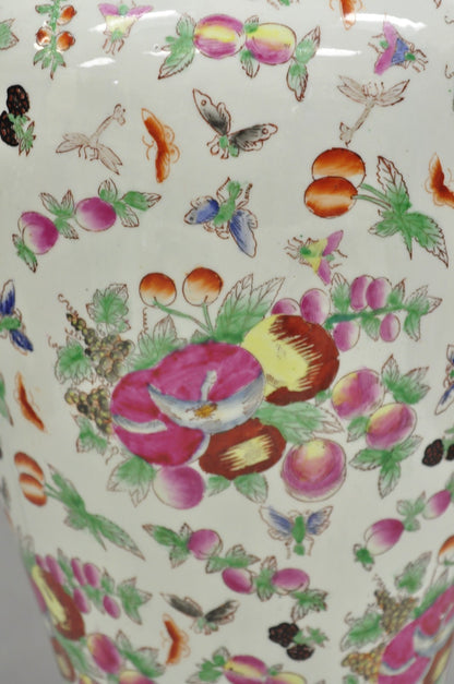 Vintage Chinoiserie Porcelain Jardinière Pink Flower Painted Large Table Lamp