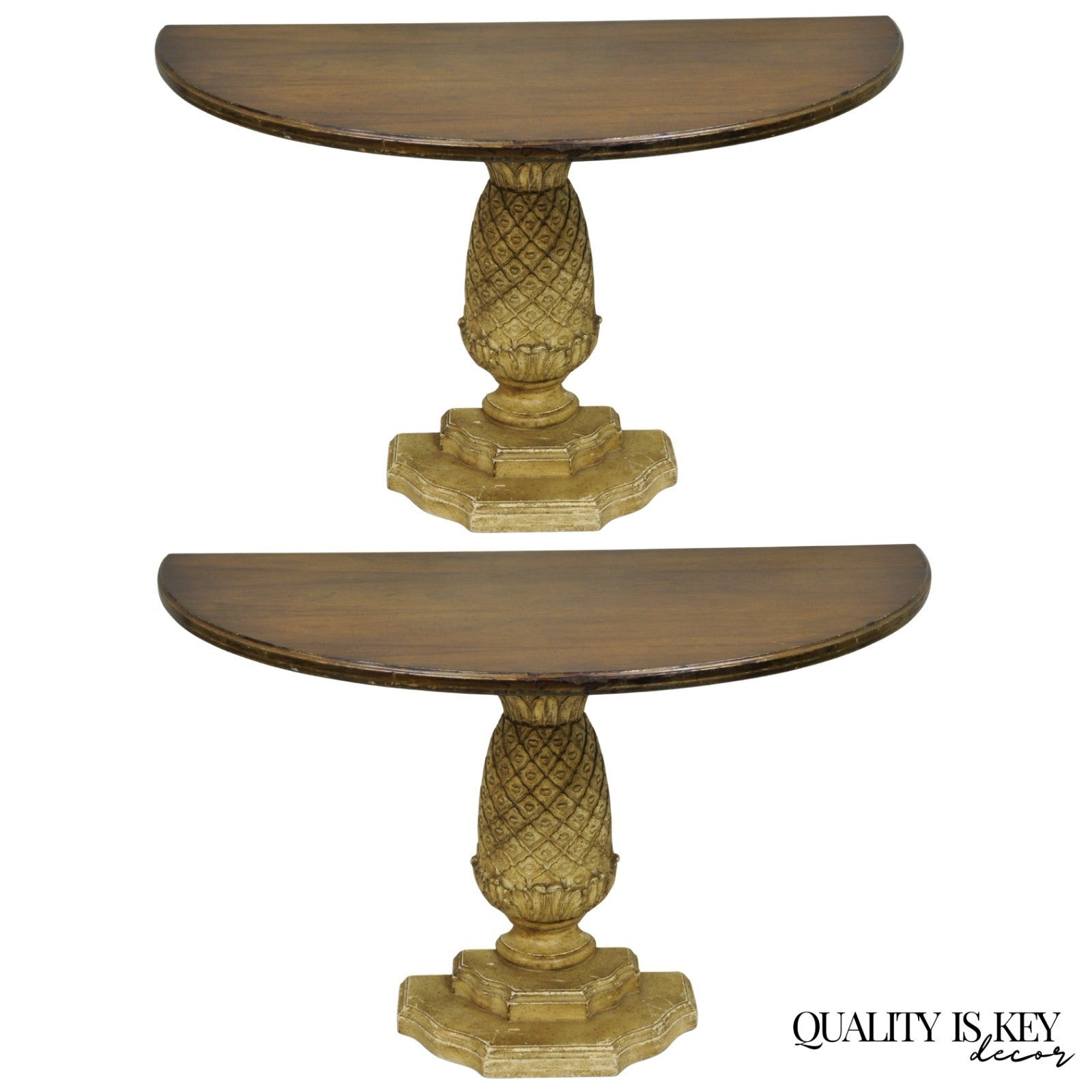 Hollywood Regency Carved Wood Pineapple Demilune Console Hall Tables - a Pair