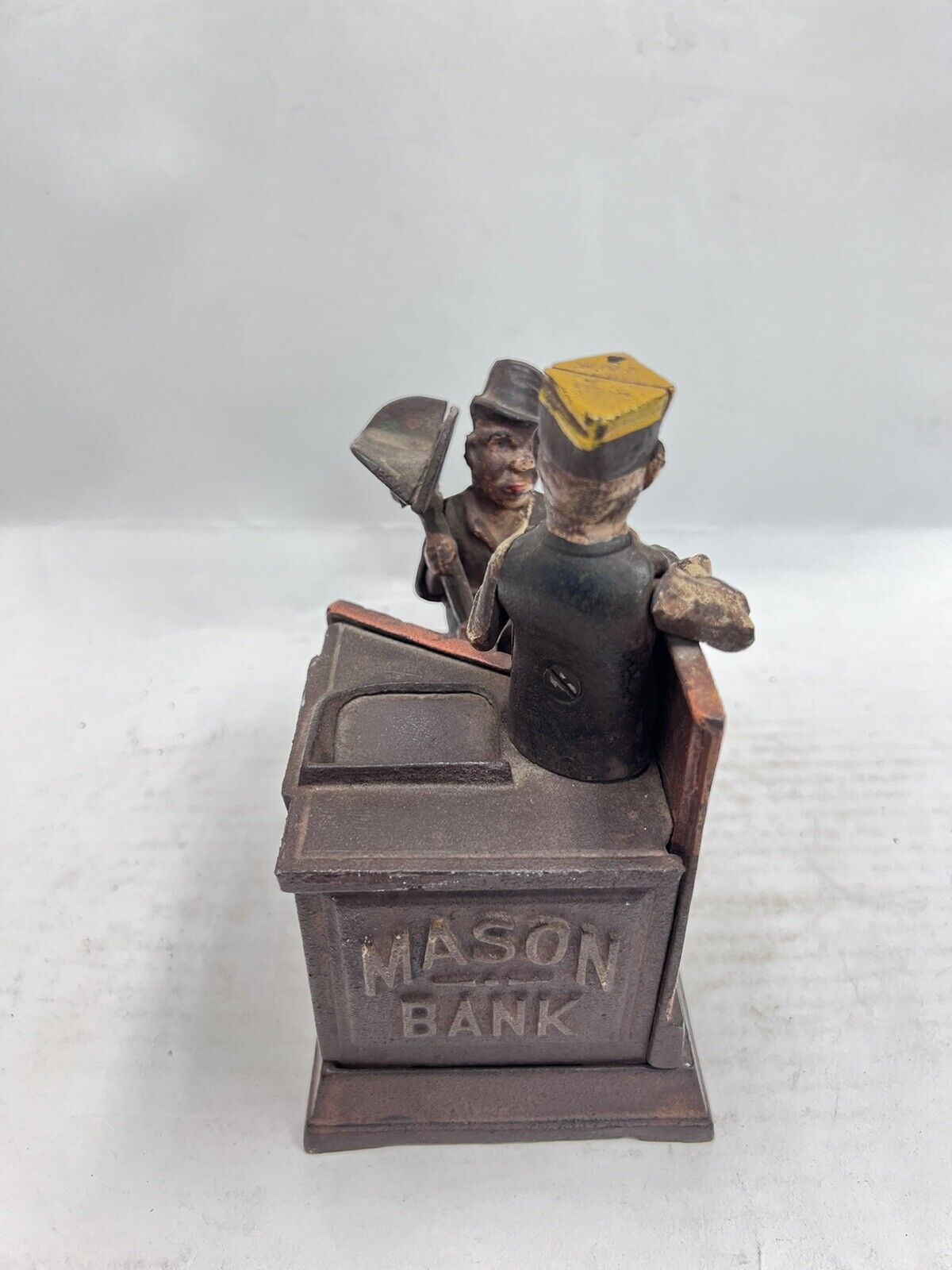Vintage Cast Iron Mason and Hod Carrier Bank Coin Piggy Bank Taiwan Reproduction