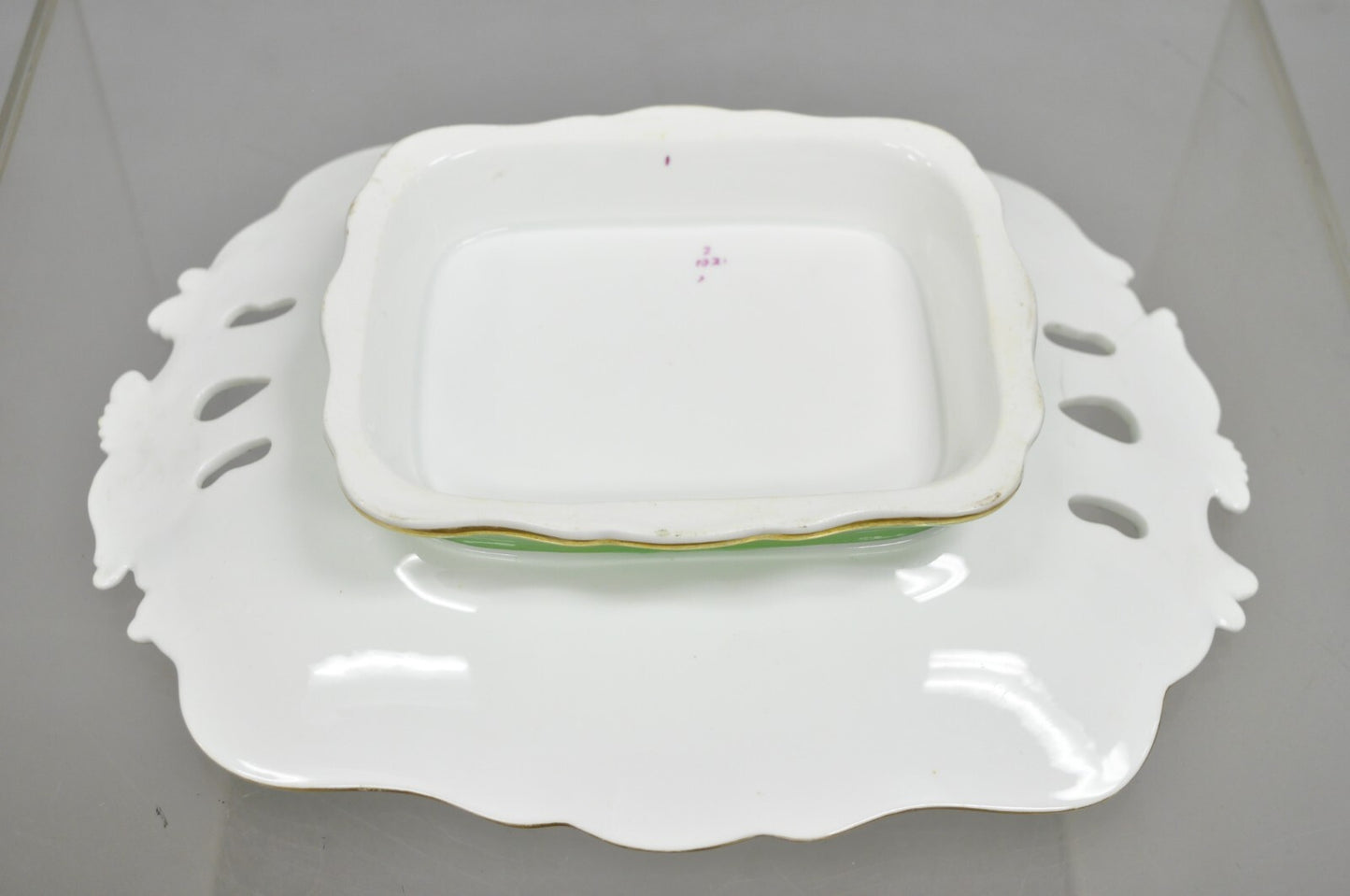 Antique Samuel Alcock Bone China Porcelain Dessert Plate Green w/ Flowers - Pair