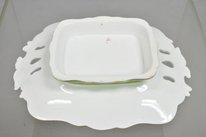 Antique Samuel Alcock Bone China Porcelain Dessert Plate Green w/ Flowers - Pair