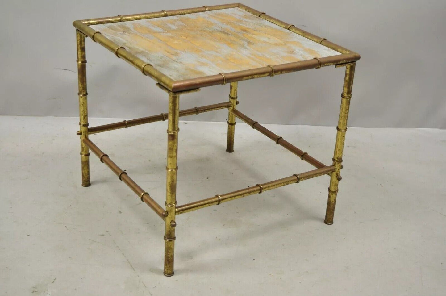 Italian Hollywood Regency Faux Bamboo Brass Tole Metal Low Square Side Table