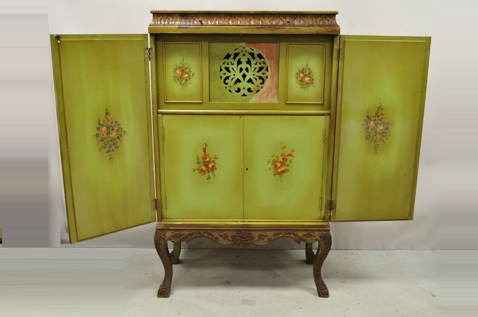 Antique Georgian Green Painted Mirror Front Blind Front China Curio Cabinet